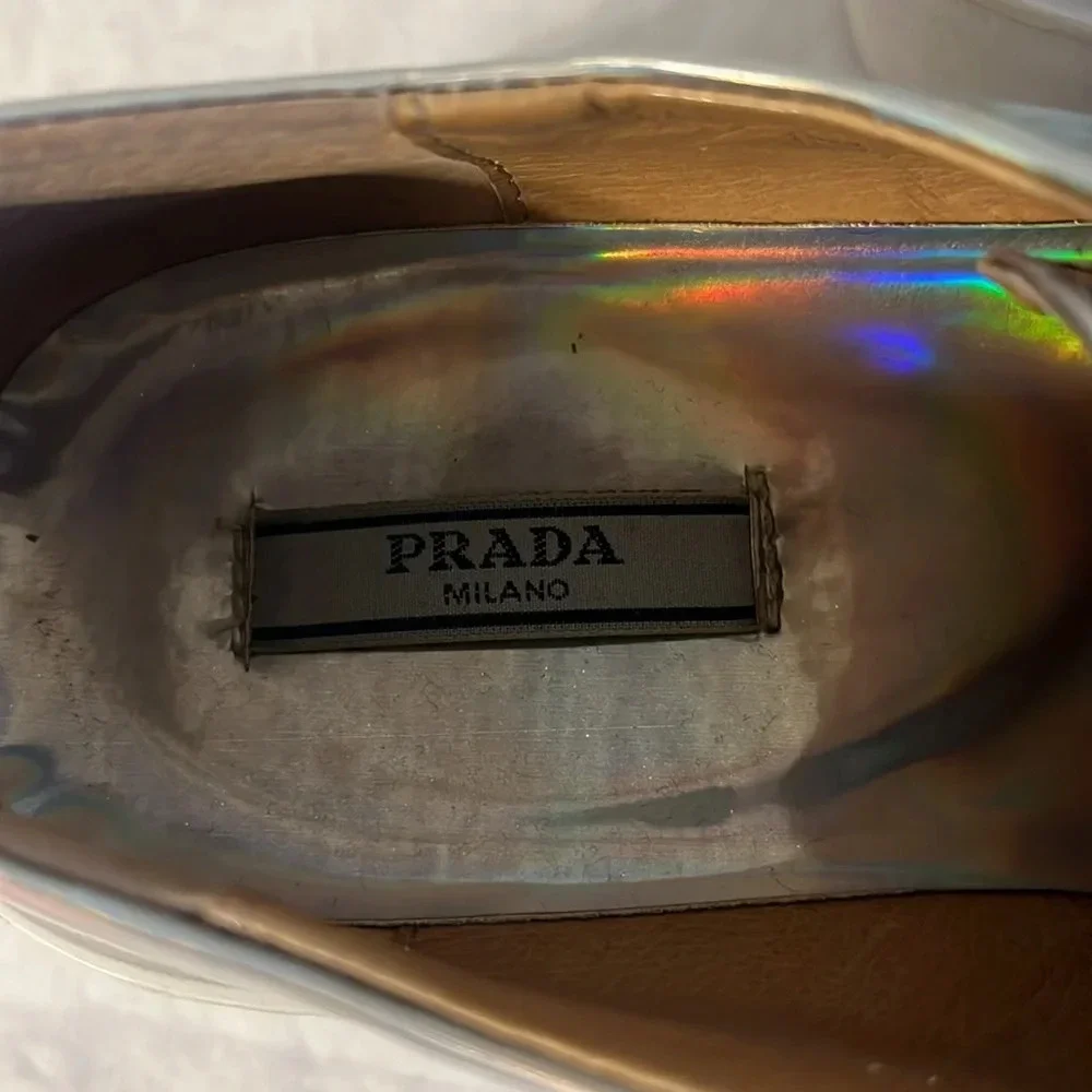Prada Holographic Iridescent Platform Lace Up Logo Sole Shoe 37/7